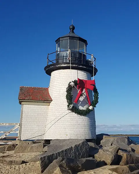 Brant Point Lighthouse wearing a holiday wreath