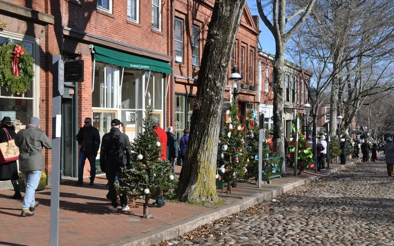 Decorated trees lining Main Street on Stroll weekend
