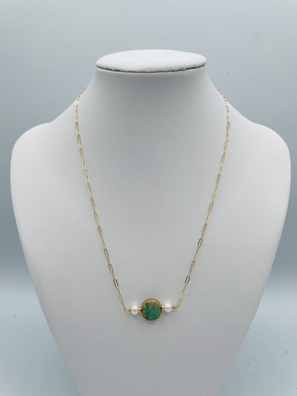 Turquoise, Pearl and Gold Paperclip Chain Necklace N2227