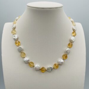 White Coin Pearl and Citrine Necklace N2571