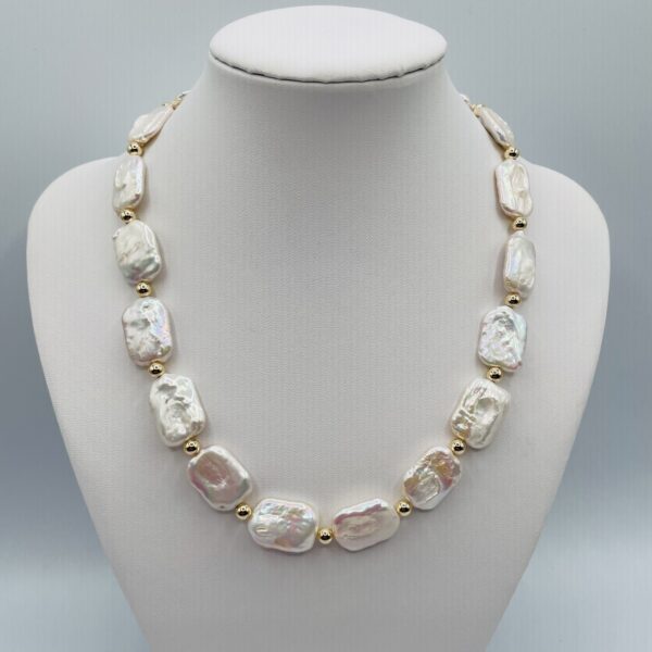 Unique White Rectangle Pearl and Gold Necklace N2586