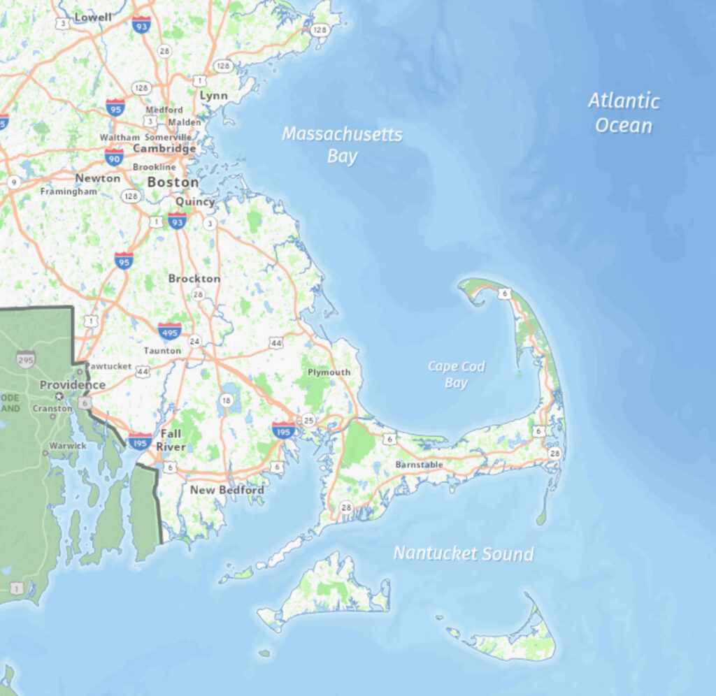 Map of Eastern Massachusetts depicting the cape and islands