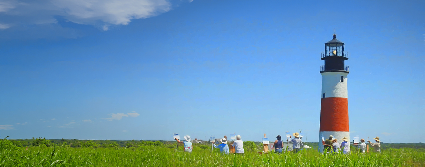 Artists painting in a field with Sankaty lighthouse Nantucket