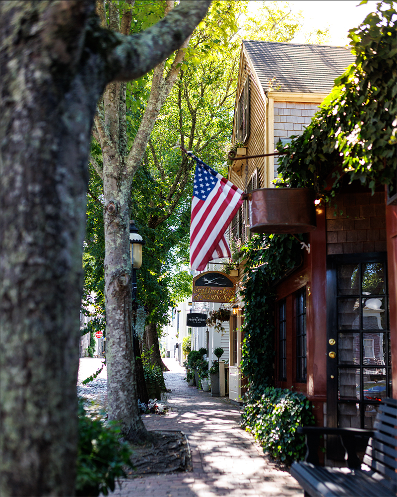 shop lined street on Nantucket