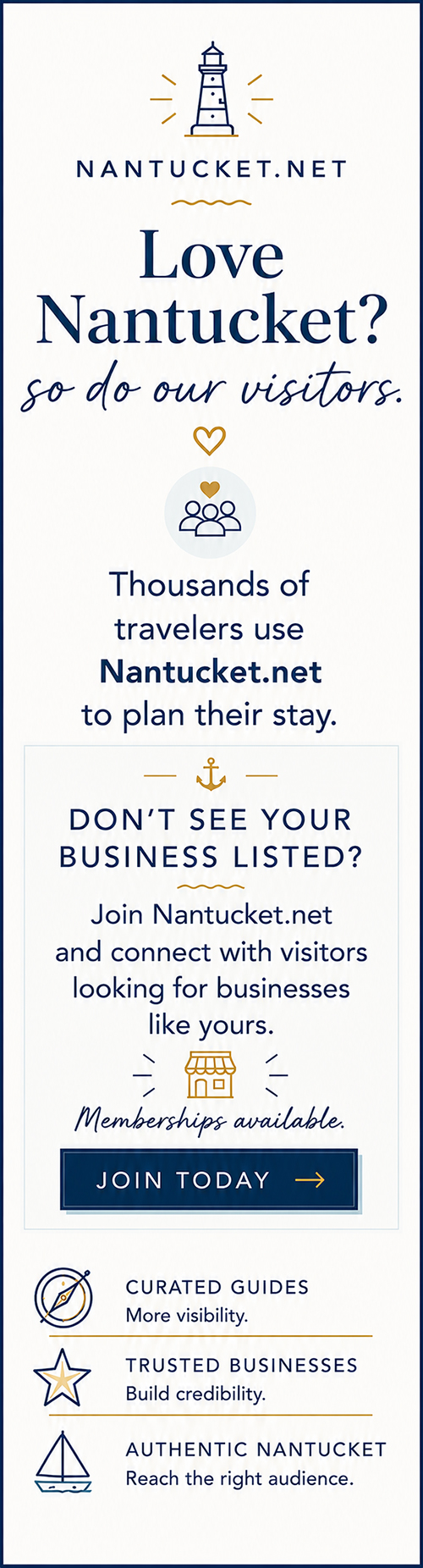 Nantucket.net membership advertisement encouraging Nantucket businesses to connect with island visitors