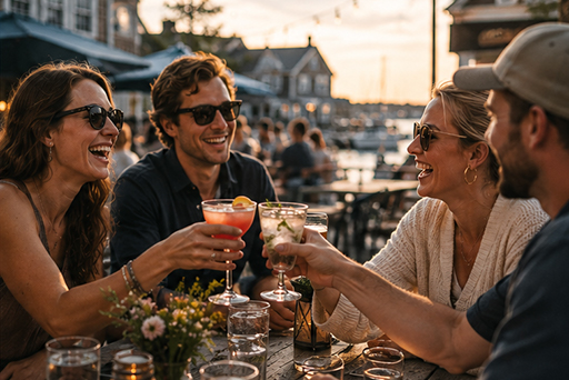 friends enjoying drinks waterfront restaurant Nantucket